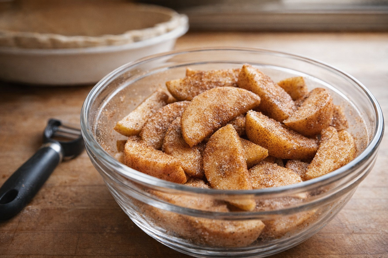 A close-up shot of sliced apples in a glass bowl, coated with cinnamon and sugar, with a vegetable peeler and pie dish in the background, natural light